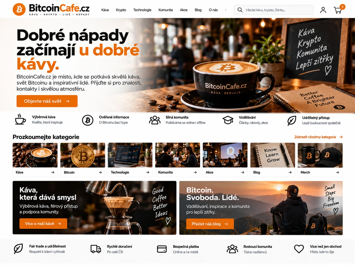 Ilustrační návrh pro BitcoinCafe.cz: kavárna s programem pro bitcoinovou komunitu